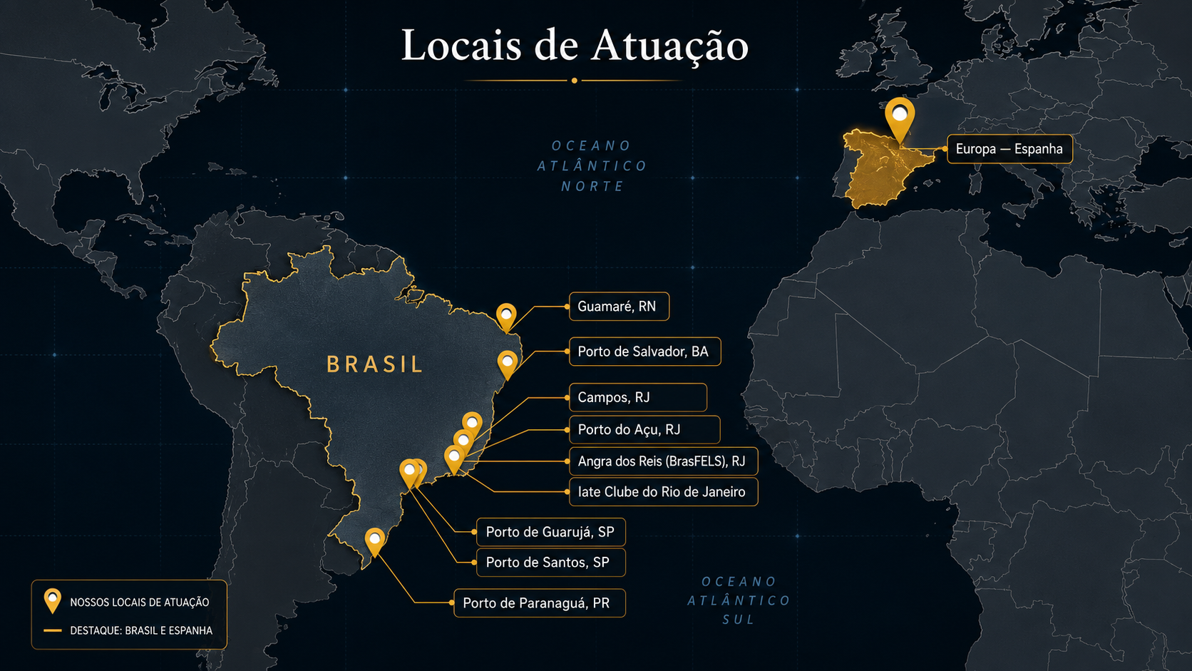 Mapa de presença global da Seawork — Brasil e Europa
